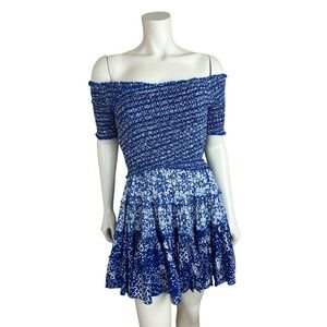 Poupette St. Barth Smocked Mini Dress S Floral Print Soledad Off Shoulder Blue